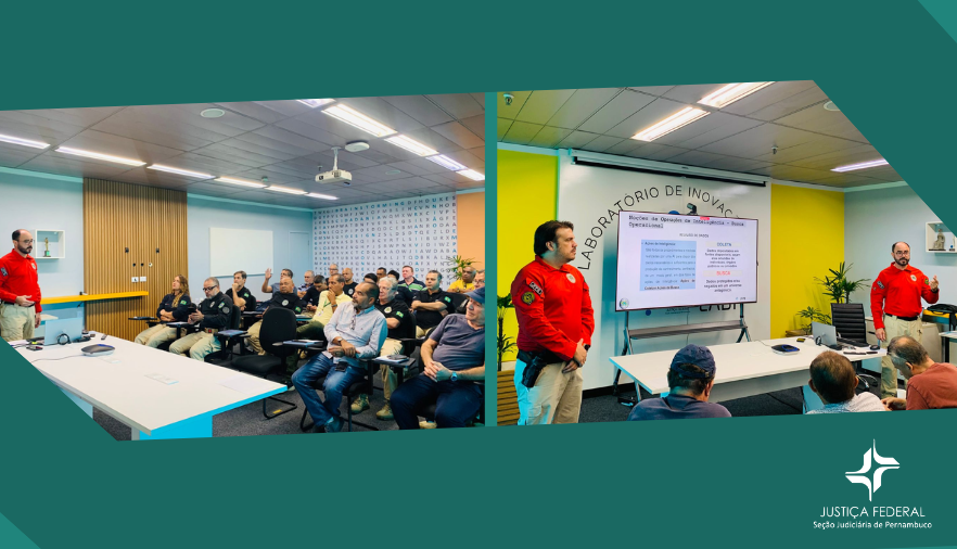 Foto mostra um homem dando aula e pessoas assistindo