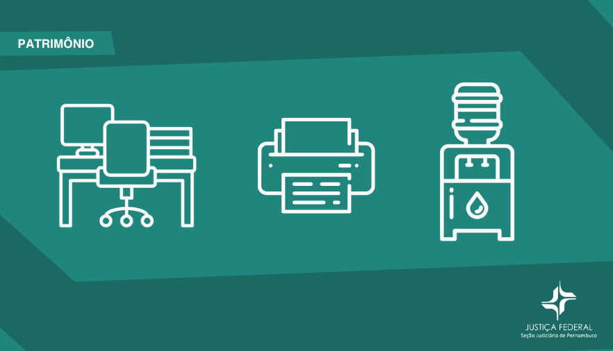 ícones ilustrativos mesa, cadeira, impressora, suporte de água mineral 