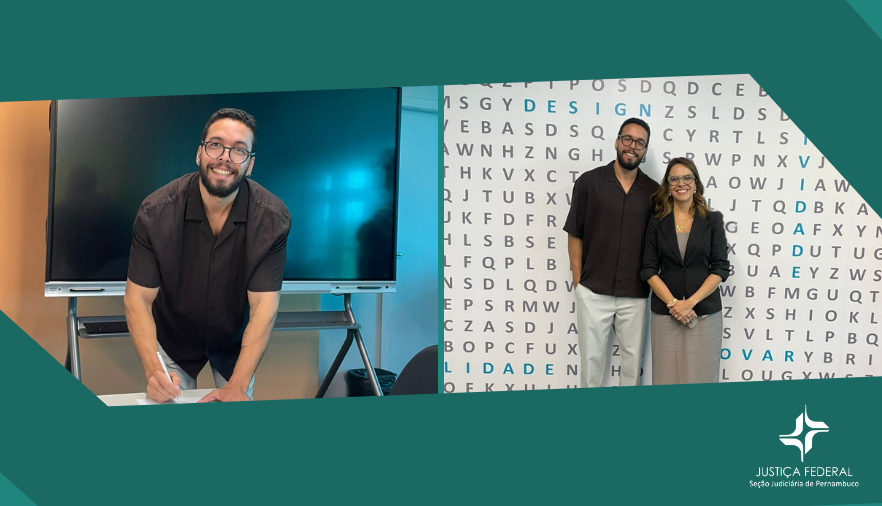 Fotos: novo servidor assina termo e servidor com a diretora do Foro 