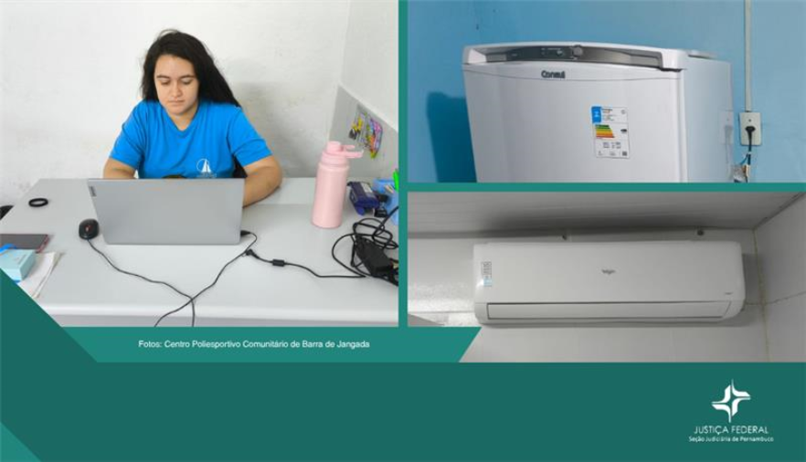 Mostra uma mulher no computador, uma geladeira e um ar-condicionado