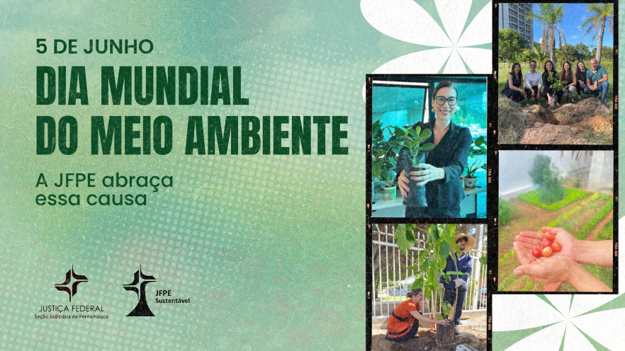 Fundo verde com fotos de ações sustentáveis da JFPE 