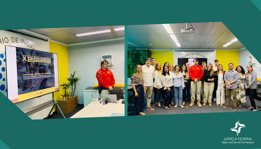 Imagem mostra pessoas em pé no curso