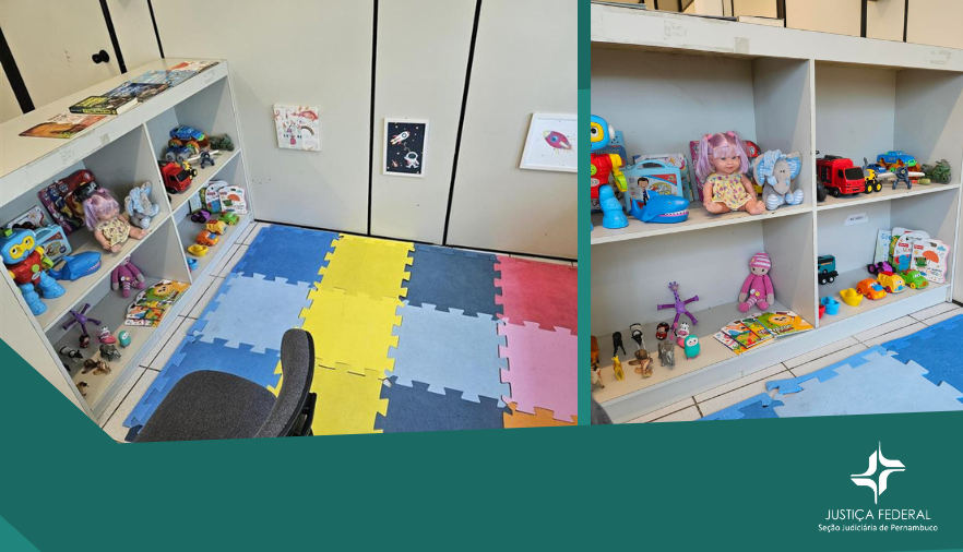 Fotos da sala e estante com brinquedos da biblioteca de Garanhuns 