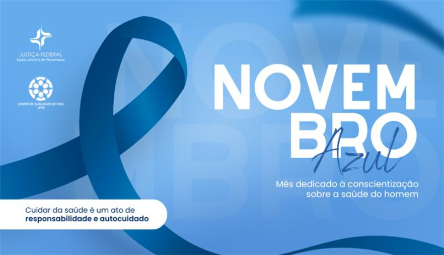 Imagem com fundo azul mostra laço azul com texto Novembro Azul