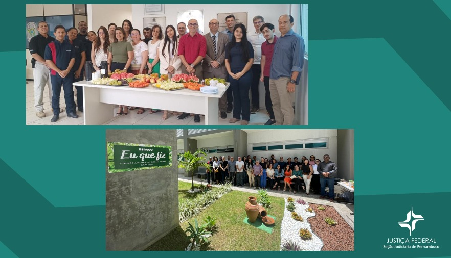 Duas fotos em momentos das comemorações com servidores e magistrado 