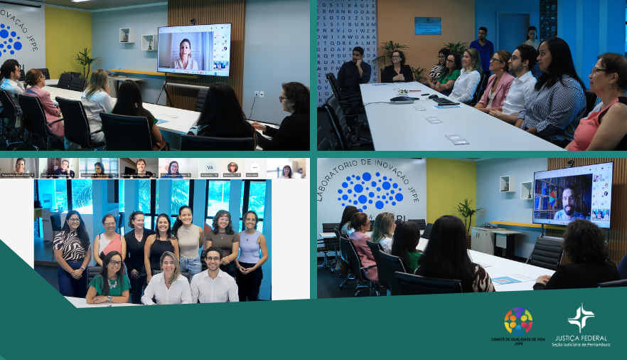 Imagem mostra 4 fotos de pessoas assistindo a uma palestra